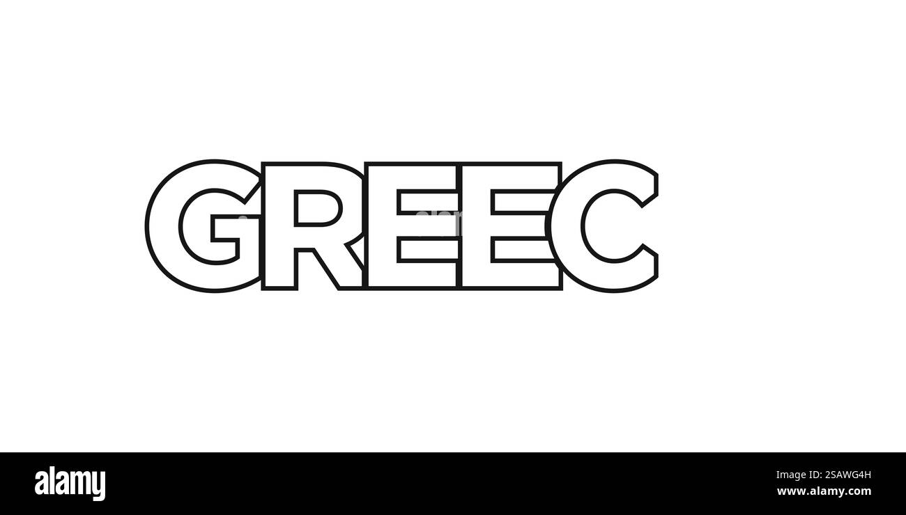 Emblema della Grecia per stampa e web. Il design presenta uno stile geometrico, un'illustrazione vettoriale con caratteri tipografici in grassetto in caratteri moderni. Slogan grafico isolato su sfondo bianco. Illustrazione Vettoriale