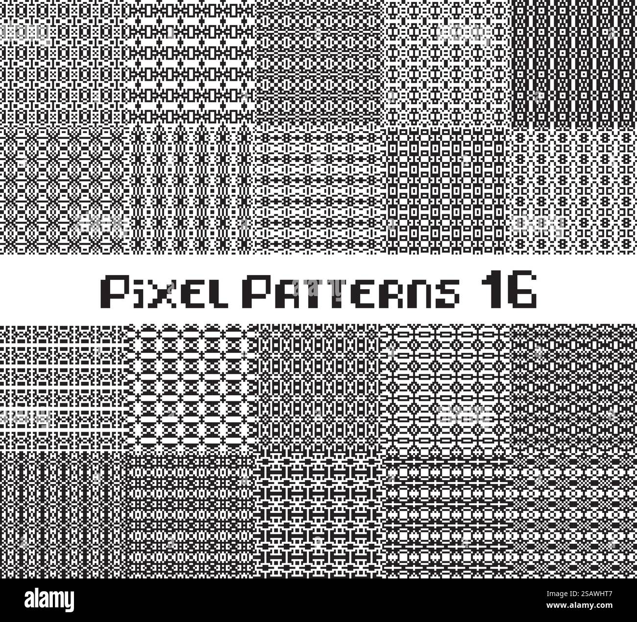 Motivo pixel senza cuciture, colore bianco e nero. Motivi ambientati nei videogiochi dal design retrò. Illustrazione Vettoriale