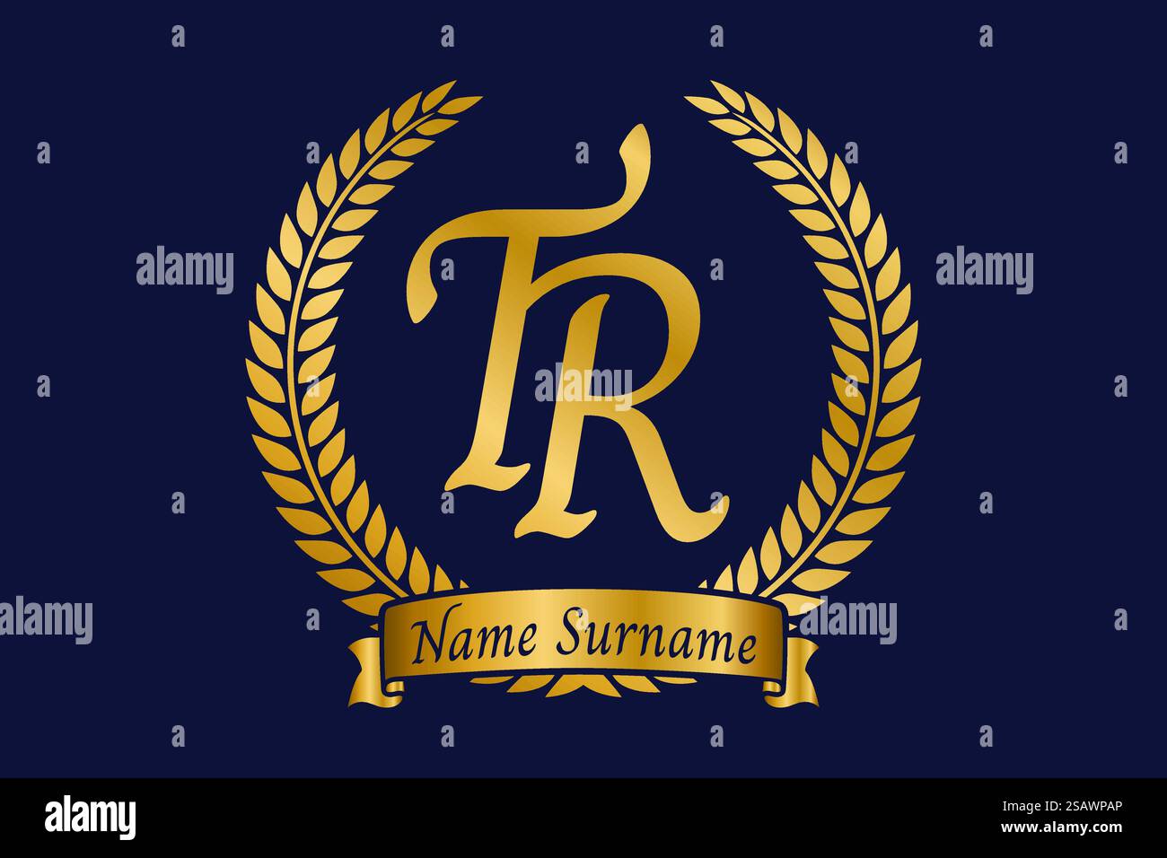 Lettera iniziale T e R, logo TR monogramma con corona in alloro. Emblema dorato di lusso con carattere calligrafico. Illustrazione Vettoriale