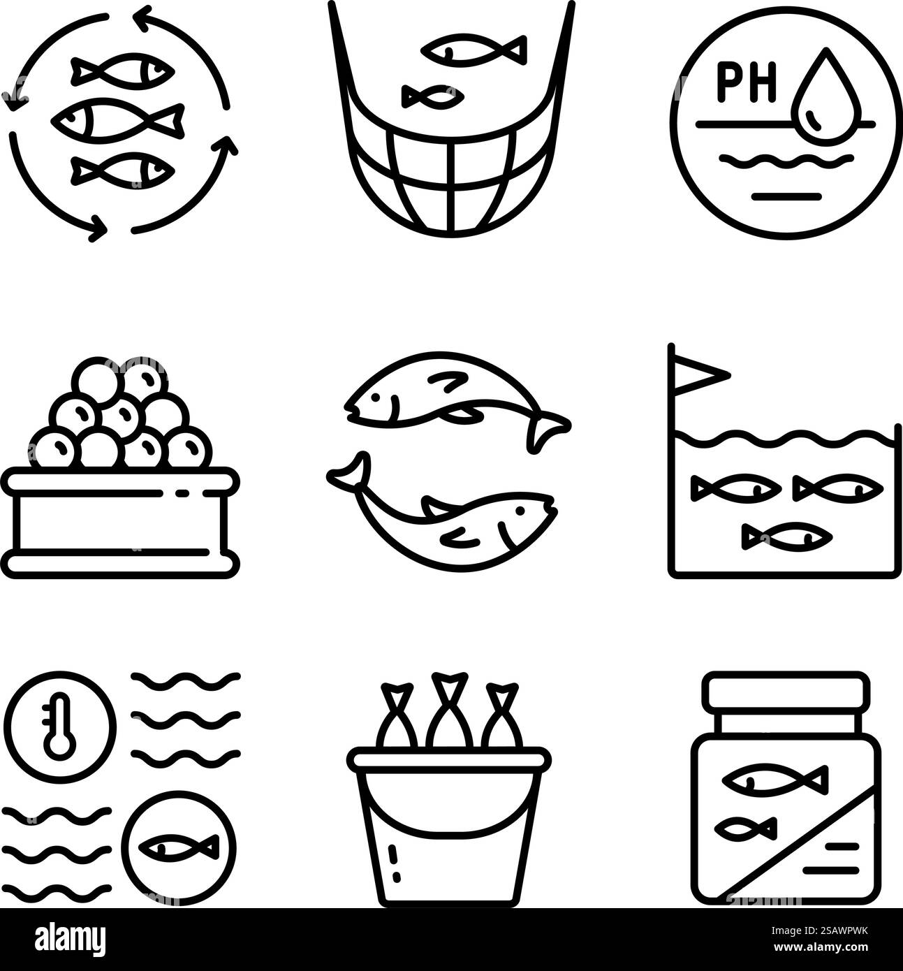 Set di icone dell'allevamento ittico. Descrizione delle icone degli allevamenti ittici. Semplice illustrazione vettoriale per il concetto mobile e il web design. Illustrazione Vettoriale