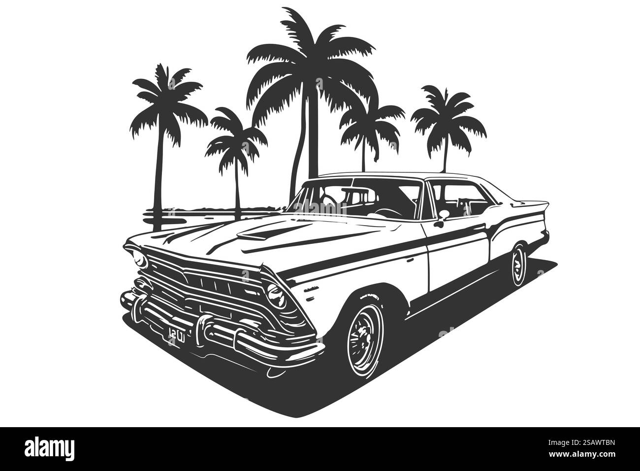 Classica auto americana in città al sole con palme. Illustrazione vettoriale di un veicolo vintage. Moderno design di stampa di una macchina retrò. Classico stile americano. Illustrazione vettoriale di un veicolo vintage. Moderno design di stampa di una macchina retrò. Illustrazione Vettoriale