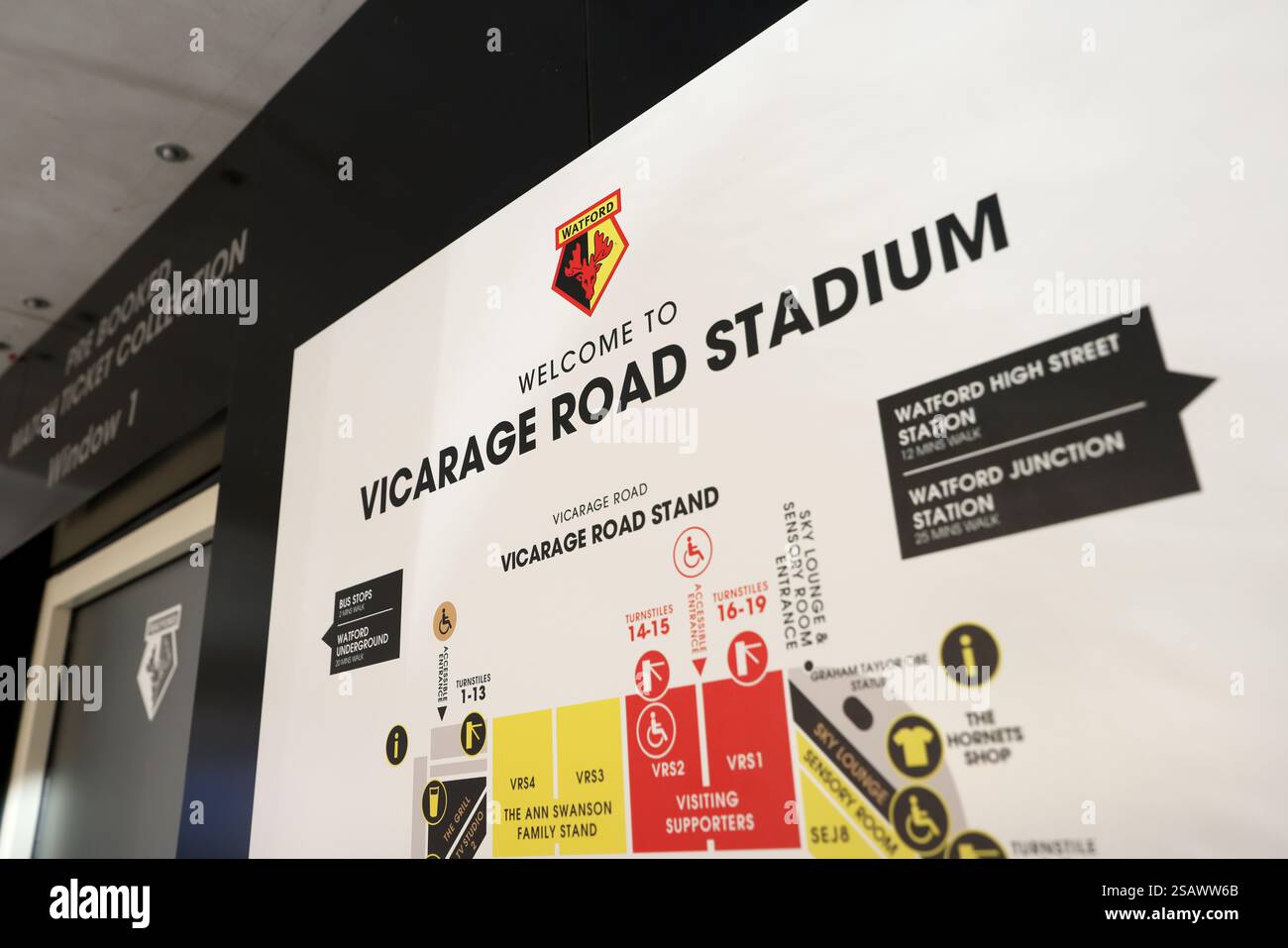 Vedute generali del Watford Football Club, Watford, Hertfordshire, Regno Unito. Foto Stock
