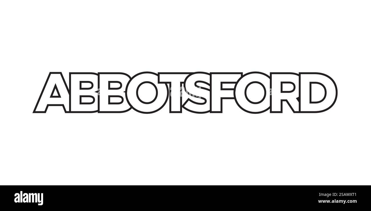 Abbotsford in Canada emblema per stampa e web. Il design presenta uno stile geometrico, un'illustrazione vettoriale con caratteri tipografici in grassetto in caratteri moderni. Slogan grafico isolato su sfondo bianco. Illustrazione Vettoriale