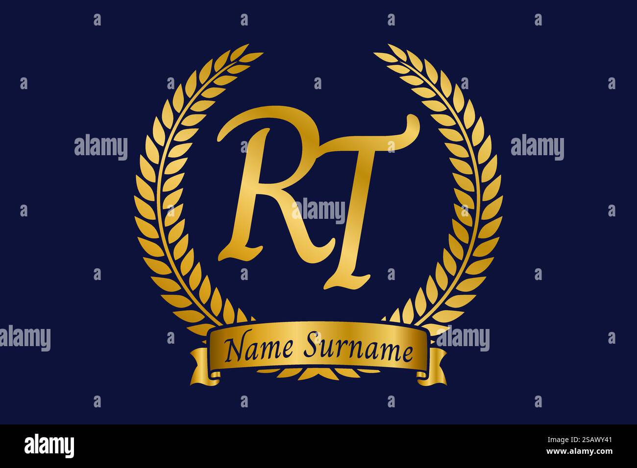 Lettera iniziale R e T, logo RT monogramma con corona in alloro. Emblema dorato di lusso con carattere calligrafico. Illustrazione Vettoriale