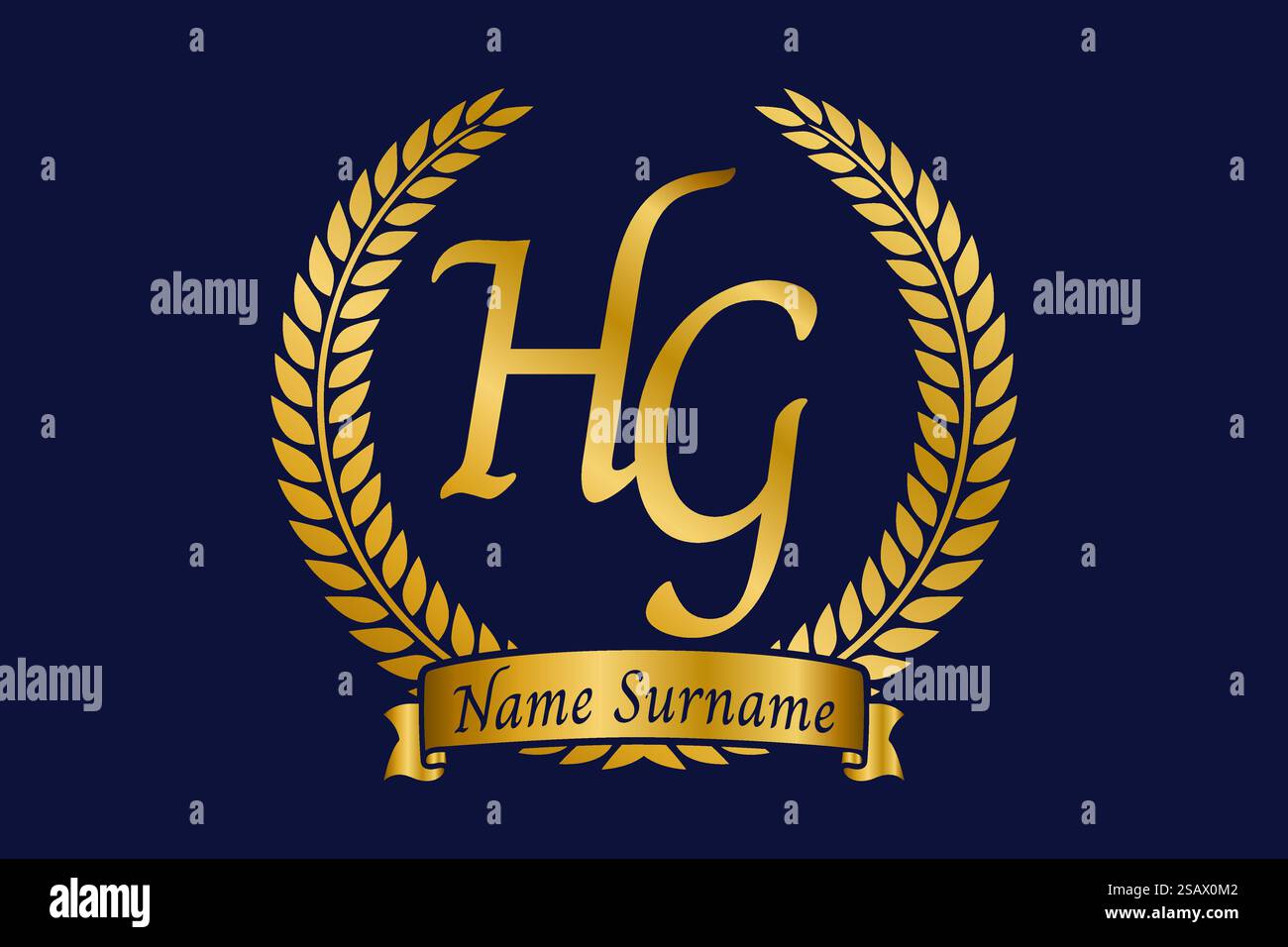 Lettera iniziale H e G, logo monogramma HG con corona in alloro. Emblema dorato di lusso con carattere calligrafico. Illustrazione Vettoriale