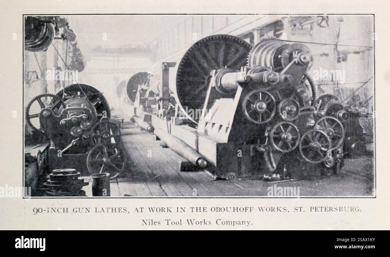 TORNI da 90 POLLICI, AL LAVORO PRESSO LA Obouhoff Works St. Petersburg, Niles Tool Works Company. DALL'ARTICOLO RUSSIA COME MERCATO PER MACCHINARI E MACCHINE UTENSILI. Di A. H. Ford. Dalla rivista Engineering dedicata al progresso industriale volume XXI 1901 The Engineering Magazine Co Foto Stock