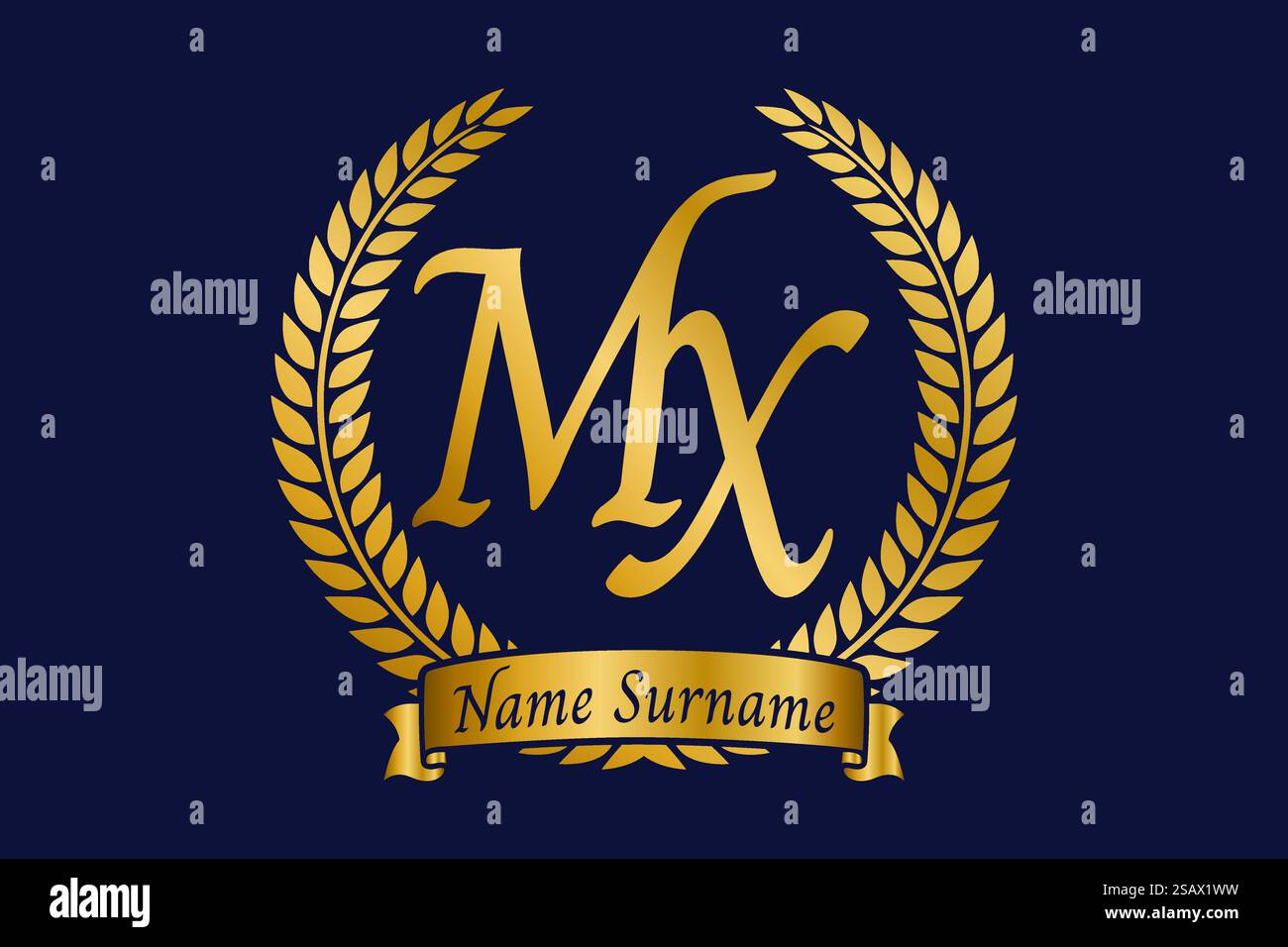 Lettera iniziale M e X, logo MX monogramma con corona in alloro. Emblema dorato di lusso con carattere calligrafico. Illustrazione Vettoriale