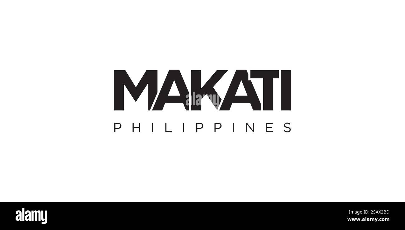 Makati nelle Filippine emblema per stampa e web. Il design presenta uno stile geometrico, un'illustrazione vettoriale con caratteri tipografici in grassetto in caratteri moderni. Slogan grafico isolato su sfondo bianco. Illustrazione Vettoriale