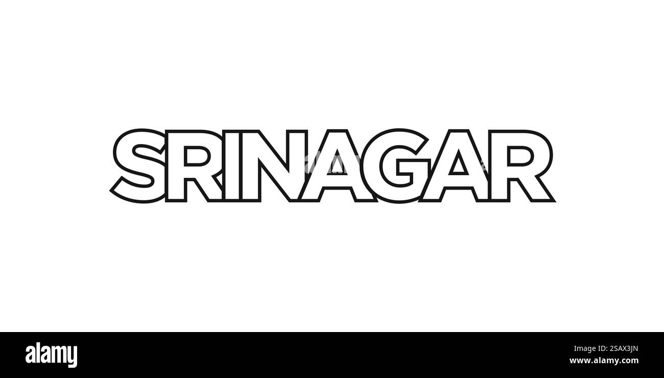 Srinagar in India emblema per stampa e web. Il design presenta uno stile geometrico, un'illustrazione vettoriale con caratteri tipografici in grassetto in caratteri moderni. Slogan grafico isolato su sfondo bianco. Illustrazione Vettoriale