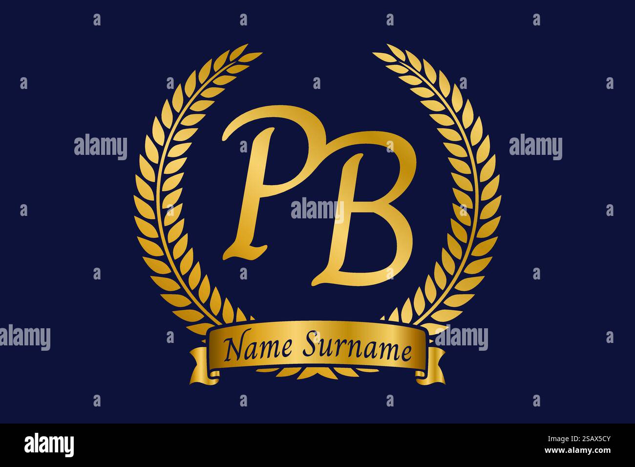 Lettera iniziale P e B, logo monogramma PB con corona in alloro. Emblema dorato di lusso con carattere calligrafico. Illustrazione Vettoriale