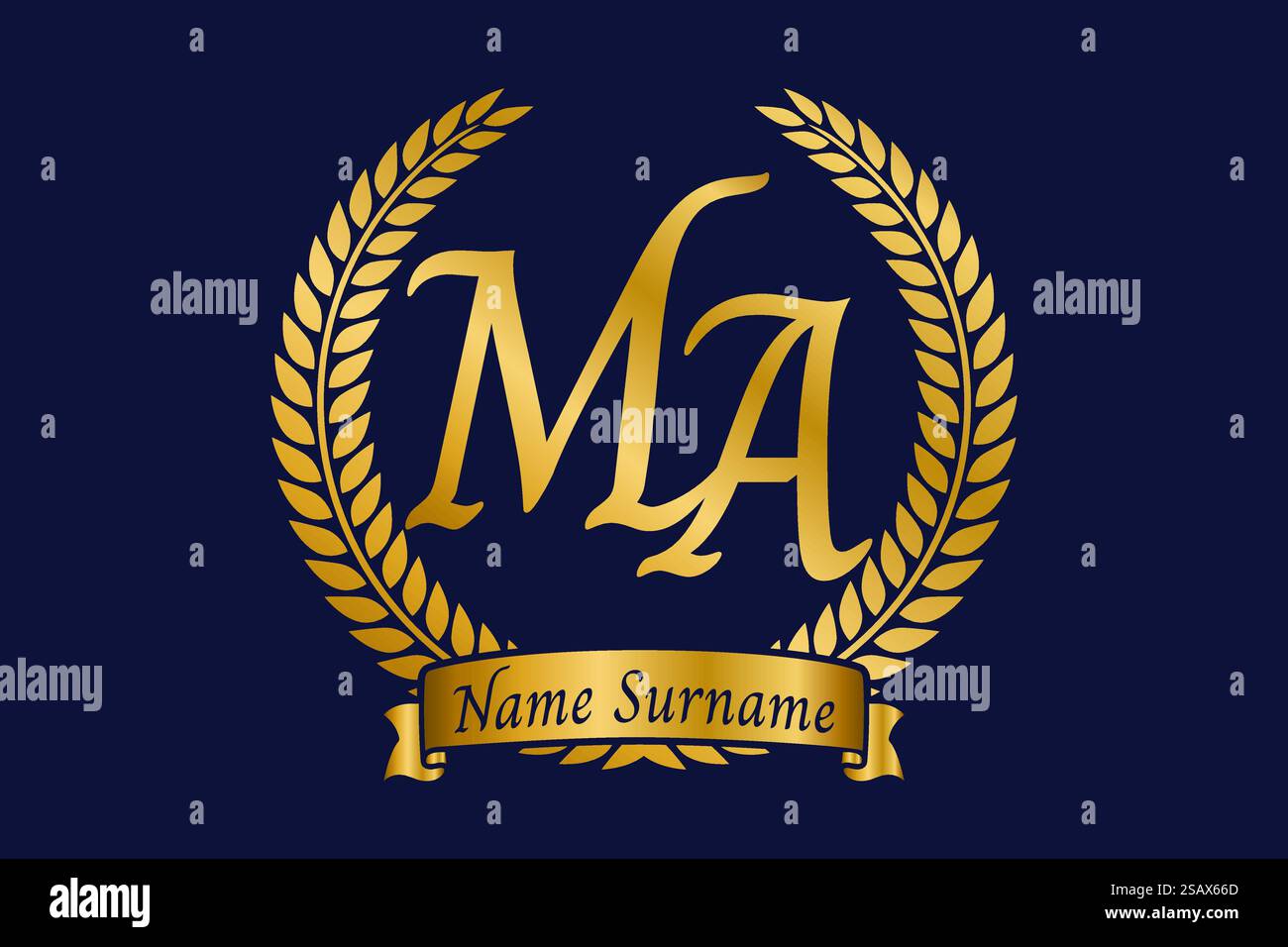 Lettera iniziale M e A, logo monogramma ma con corona d'alloro. Emblema dorato di lusso con carattere calligrafico. Illustrazione Vettoriale