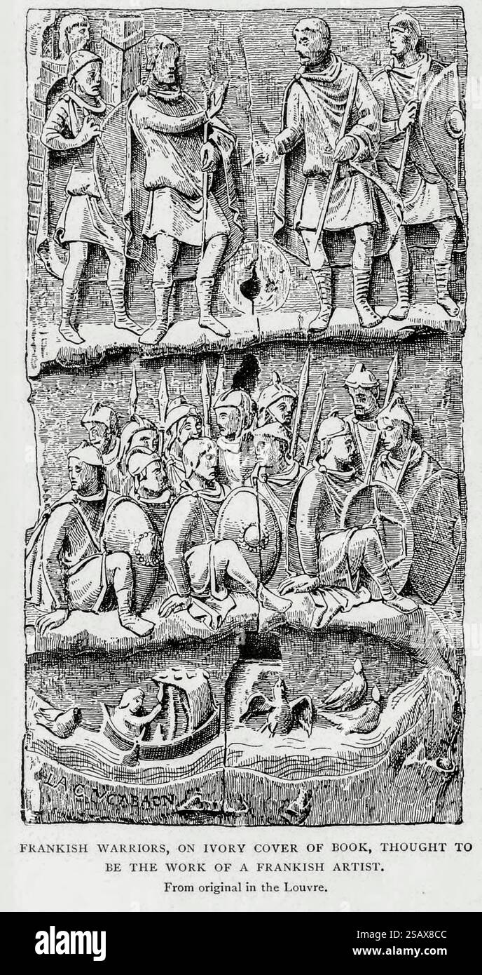 FRANKISH WARRIORS, SULLA COPERTINA AVORIO DEL LIBRO, RITENUTO OPERA DI Un ARTISTA FRANCO i popoli teutonici dal volume 4 della storia universale di Ridpath : un resoconto dell'origine, della condizione primitiva e dello sviluppo etnico delle grandi razze dell'umanità, e dei principali eventi nell'evoluzione e nel progresso della vita civile tra uomini e nazioni, da fonti recenti e autentiche con un'indagine preliminare sull'ora, il luogo e le modalità dell'inizio di Ridpath, John Clark, 1840-1900 pubblicato nel 1897 Foto Stock