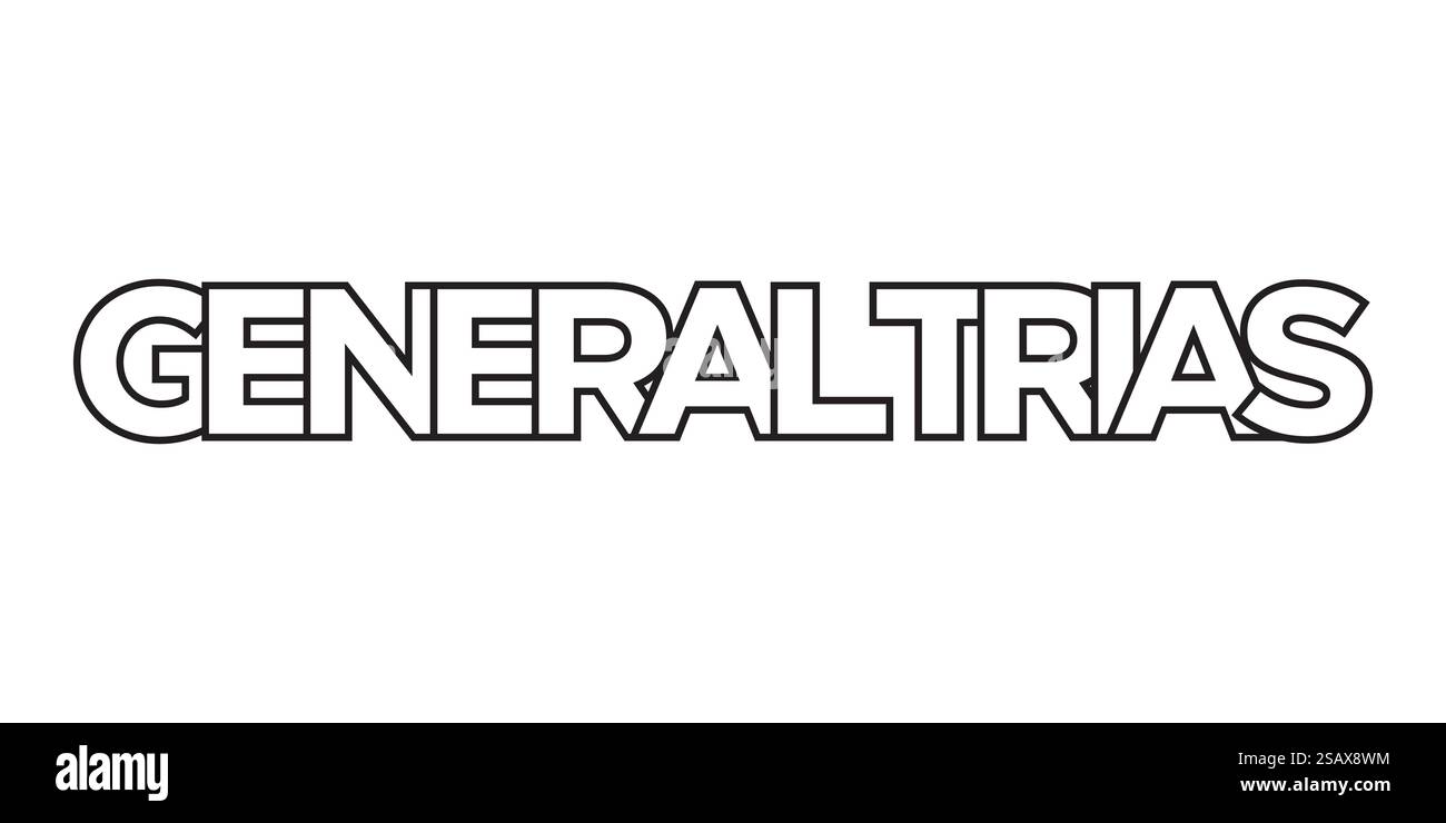 Emblema generale Trias nelle Filippine per stampa e web. Il design presenta uno stile geometrico, un'illustrazione vettoriale con caratteri tipografici in grassetto in caratteri moderni. Slogan grafico isolato su sfondo bianco. Illustrazione Vettoriale