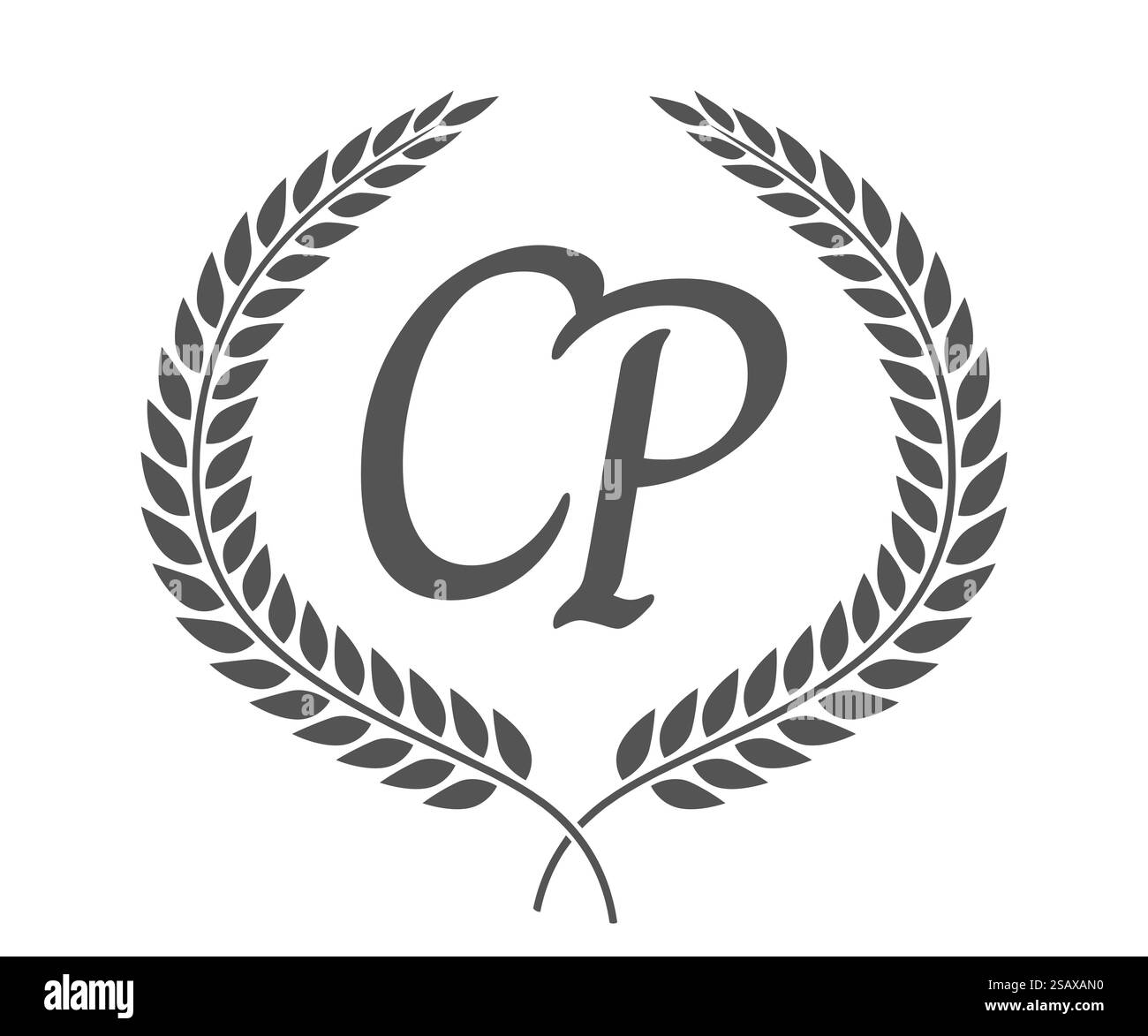 Lettera iniziale C e P, logo CP monogramma con corona in alloro. Emblema di lusso con carattere calligrafico. Lettera iniziale C e P, logo CP monogramma con corona in alloro. Elegante carattere calligrafico. Illustrazione Vettoriale