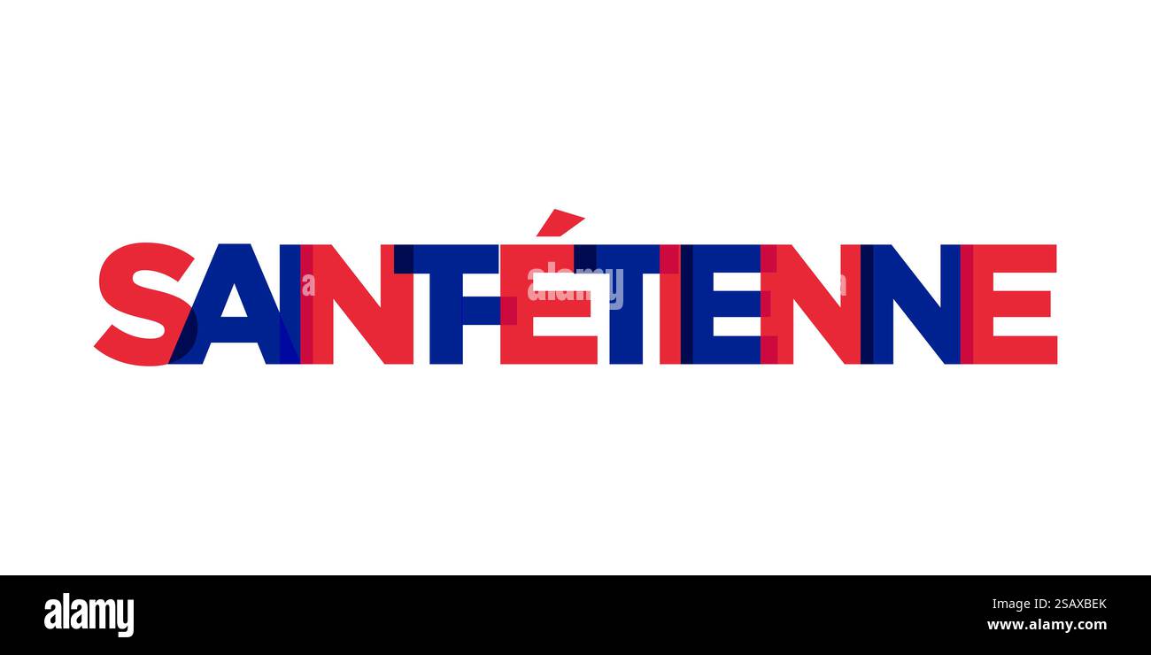 Saint Etienne in Francia emblema per stampa e web. Il design presenta uno stile geometrico, un'illustrazione vettoriale con caratteri tipografici in grassetto in caratteri moderni. Slogan grafico isolato su sfondo bianco. Illustrazione Vettoriale