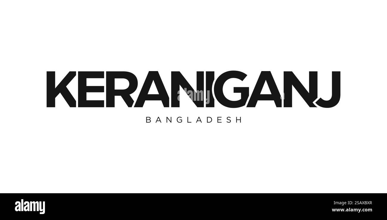 Keraniganj nello stemma del Bangladesh per stampa e web. Il design presenta uno stile geometrico, un'illustrazione vettoriale con caratteri tipografici in grassetto in caratteri moderni. Slogan grafico isolato su sfondo bianco. Illustrazione Vettoriale