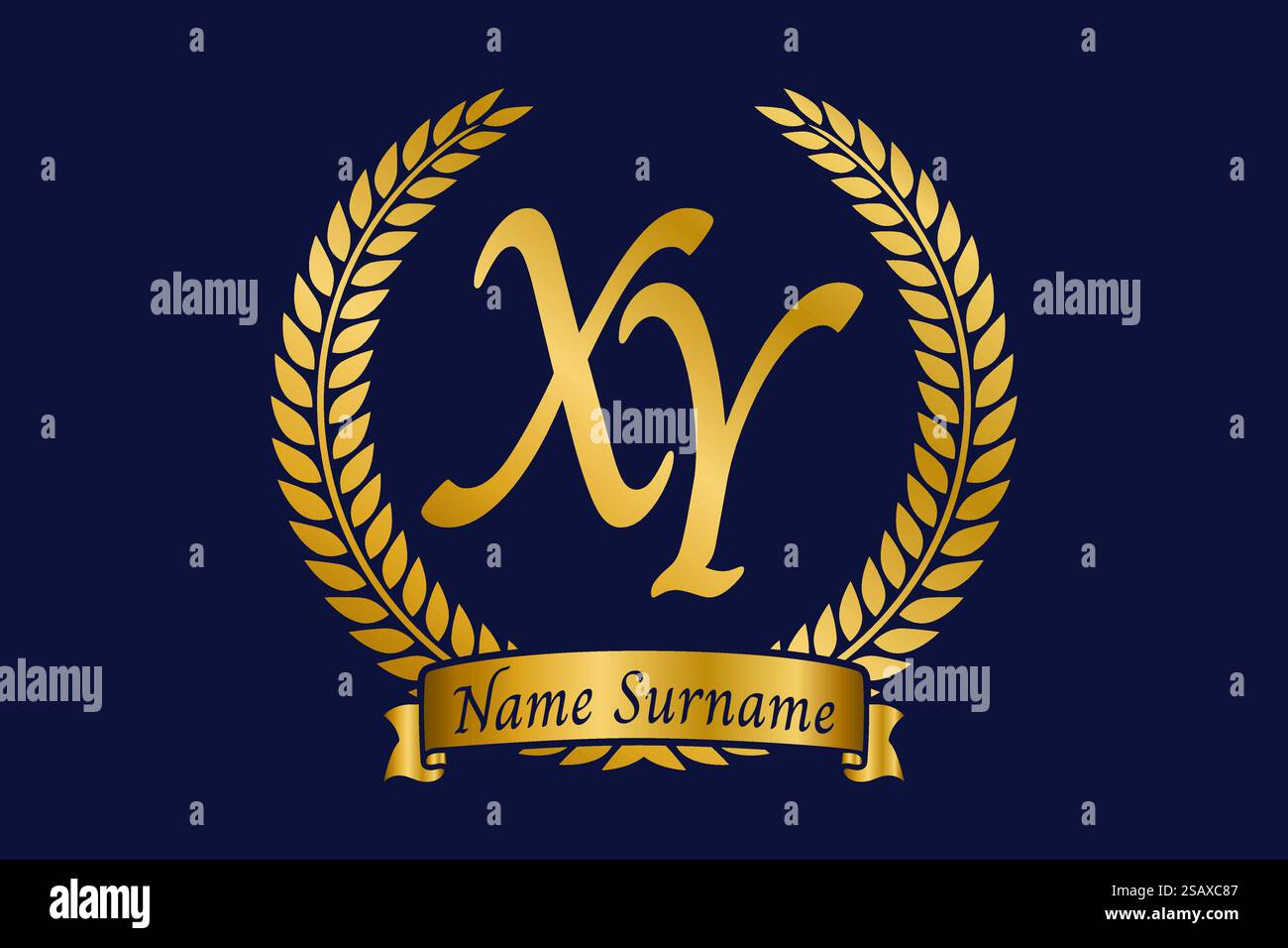 Lettera iniziale X e Y, logo monogramma XY con corona in alloro. Emblema dorato di lusso con carattere calligrafico. Illustrazione Vettoriale