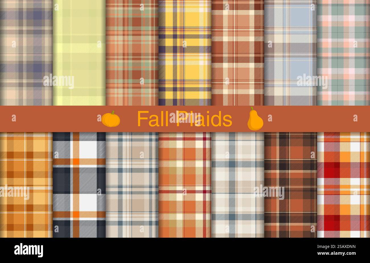 Collezione autunnale a quadri, design in tessuto, motivo a scacchi per camicia, abito, abito, stampa di carta da imballaggio, invito e buono regalo. Pacchetti autunnali a quadri, design tessile, motivo a scacchi per camicia, abito, vestito, stampa di carta da imballaggio, invito e carta regalo. Illustrazione Vettoriale