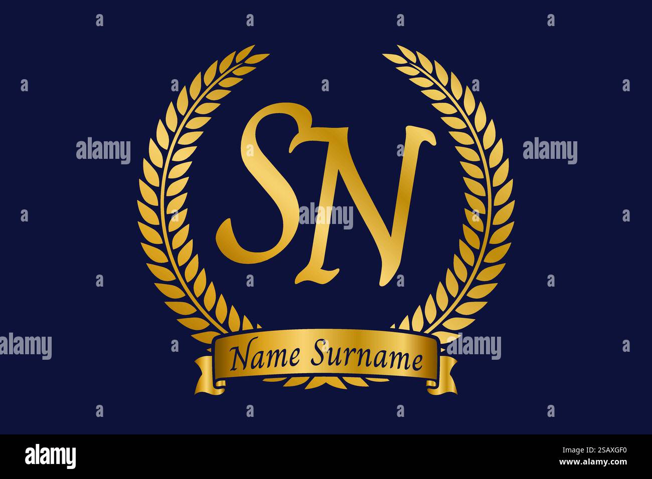 Lettera iniziale S e N, logo monogramma SN con corona in alloro. Emblema dorato di lusso con carattere calligrafico. Illustrazione Vettoriale