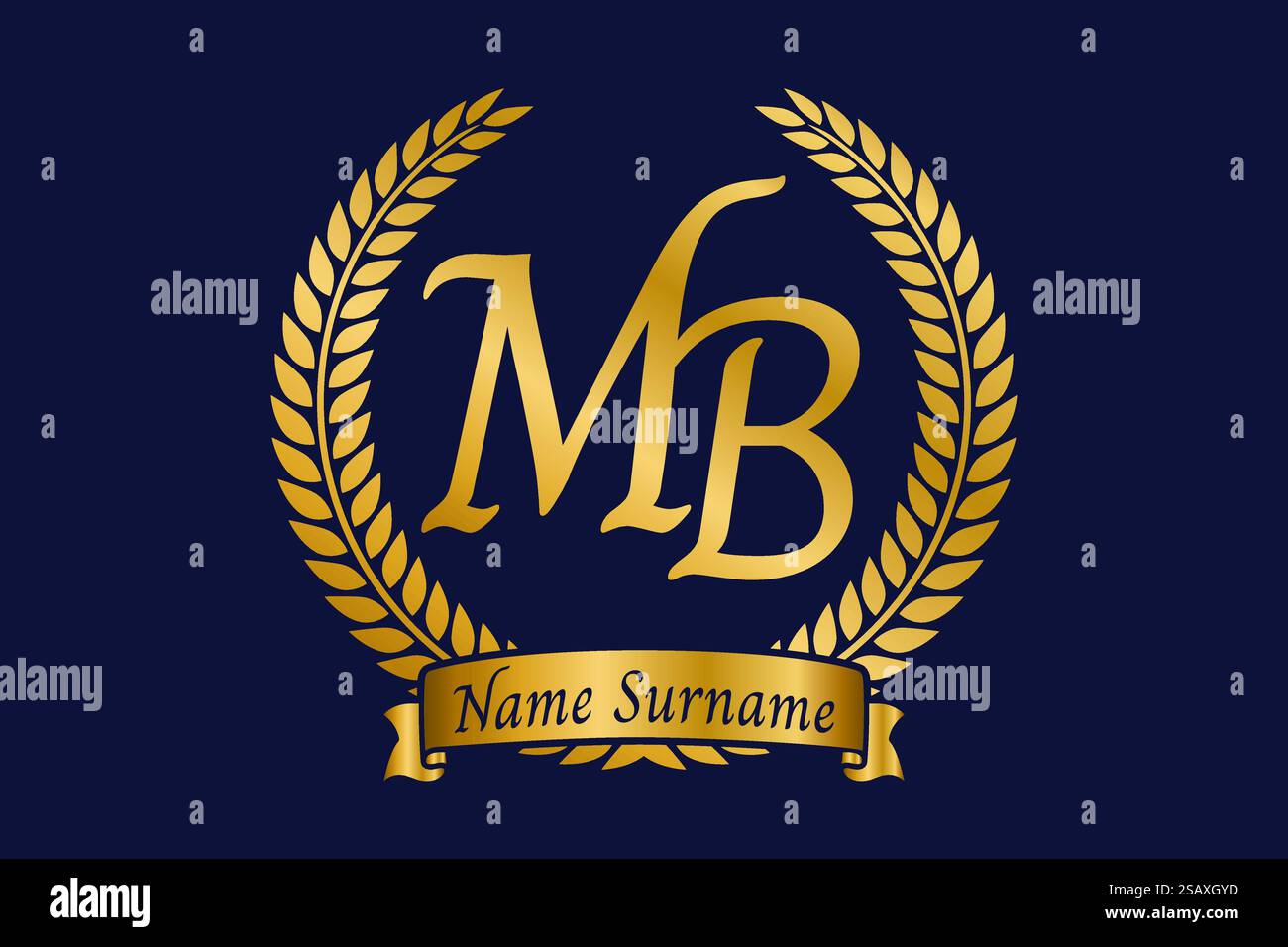 Lettera iniziale M e B, logo monogramma MB con corona in alloro. Emblema dorato di lusso con carattere calligrafico. Illustrazione Vettoriale