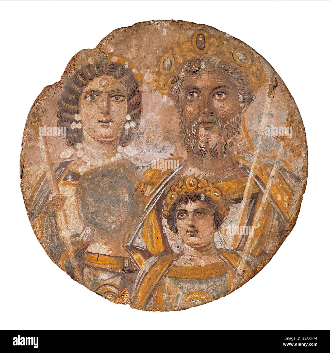 Famiglia di Settimio Severo tempura dipinto su pannello di legno intorno al 200 d.C. che mostra l'imperatore Settimio Severo (145-211 d.C.) con sua moglie Julia Domna e i figli Caracalla e Geta in stile ritrattistico imperiale romano, è l'unico dipinto sopravvissuto del periodo imperiale di Roma. Il volto di Geta fu probabilmente rimosso quando la sua memoria fu ufficialmente condannata (damnatio memoriae) credito: Staatliche Museen zu Berlin / Universal Art Archive Foto Stock Famiglia di Settimio Severo tempura dipinto su pannello di legno intorno al 200 d.C. che mostra l'imperatore Settimio Severo (145-211 d.C.) con sua moglie Julia Domna e i figli Caracalla e Geta in stile ritrattistico imperiale romano, è l'unico dipinto sopravvissuto del periodo imperiale di Roma. Il volto di Geta fu probabilmente rimosso quando la sua memoria fu ufficialmente condannata (damnatio memoriae) credito: Staatliche Museen zu Berlin / Universal Art Archive Foto Stock