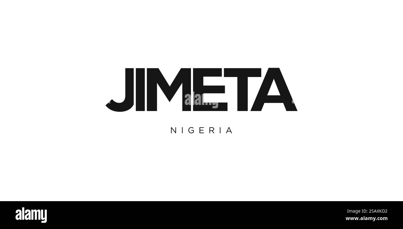 Jimeta in Nigeria emblema per stampa e web. Il design presenta uno stile geometrico, un'illustrazione vettoriale con caratteri tipografici in grassetto in caratteri moderni. Slogan grafico isolato su sfondo bianco. Illustrazione Vettoriale