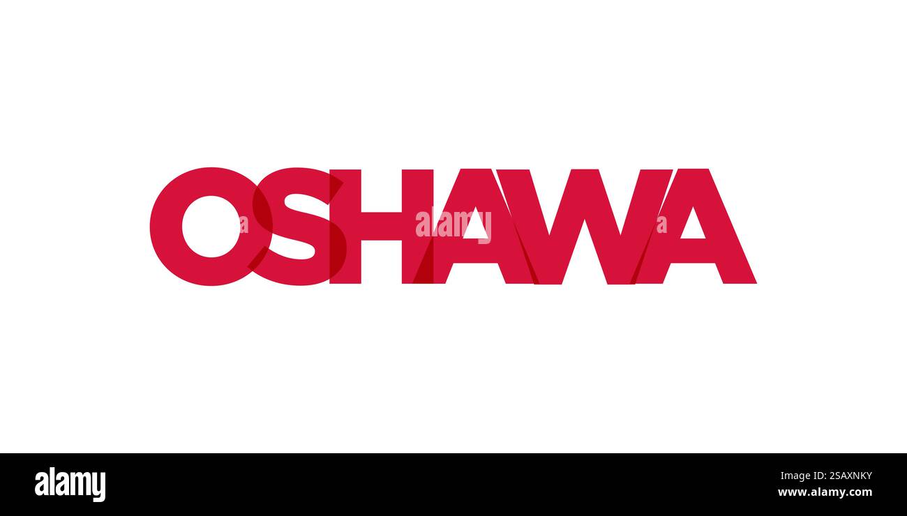 Oshawa in the Canada emblema per stampa e web. Il design presenta uno stile geometrico, un'illustrazione vettoriale con caratteri tipografici in grassetto in caratteri moderni. Slogan grafico isolato su sfondo bianco. Illustrazione Vettoriale