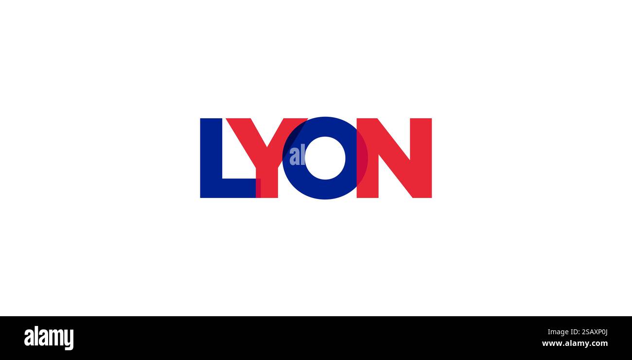 Lyon in the France emblema per stampa e web. Il design presenta uno stile geometrico, un'illustrazione vettoriale con caratteri tipografici in grassetto in caratteri moderni. Slogan grafico isolato su sfondo bianco. Illustrazione Vettoriale