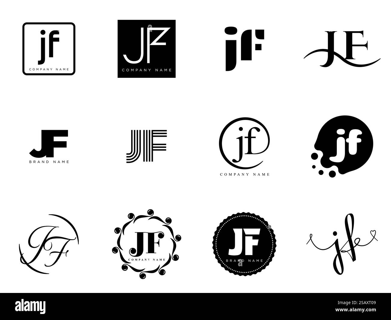 Modello aziendale del logo JF. Logotipo lettera j e F. Imposta diverse lettere serif classiche e testo moderno in grassetto con elementi di design. Tipografia iniziale dei font. Collezione alla moda per il business. Illustrazione Vettoriale