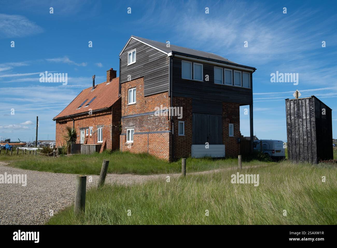 Gli appartamenti di vacanza Top Deck e Lower Deck, The Yacht Yard, Walberswick, Suffolk, Inghilterra. Foto Stock