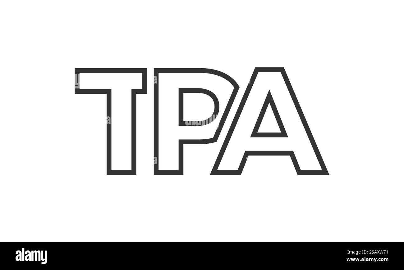 Modello di design con logo TPA con testo in grassetto forte e moderno. Logotipo vettoriale iniziale con tipografia semplice e minima. Identità aziendale alla moda, ideale per la presenza del marchio aziendale. Illustrazione Vettoriale