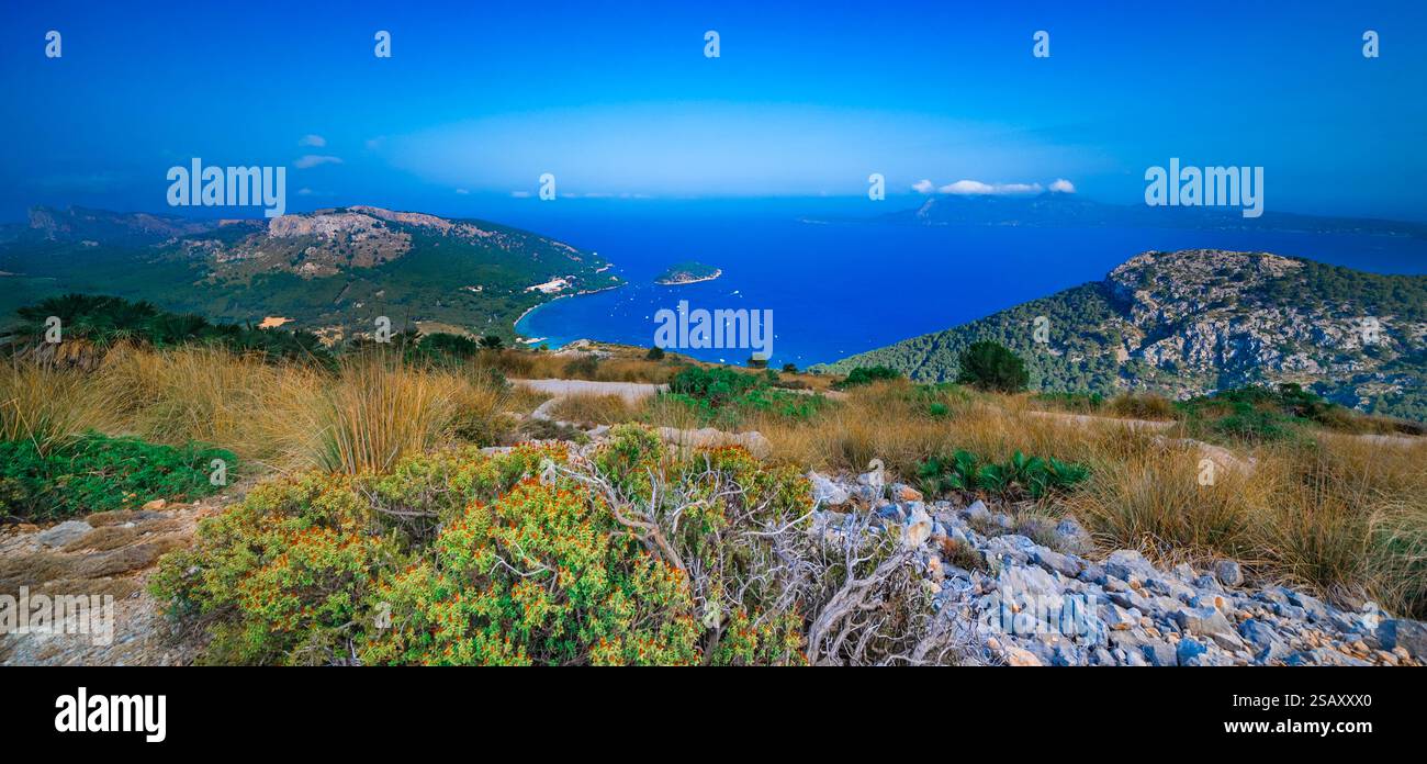 Penisola di Formentor, baia di Pollensa, Comarca Sierra de Tramuntana, Mar Mediterraneo, Maiorca, Isole Baleari, Spagna, Europa Foto Stock
