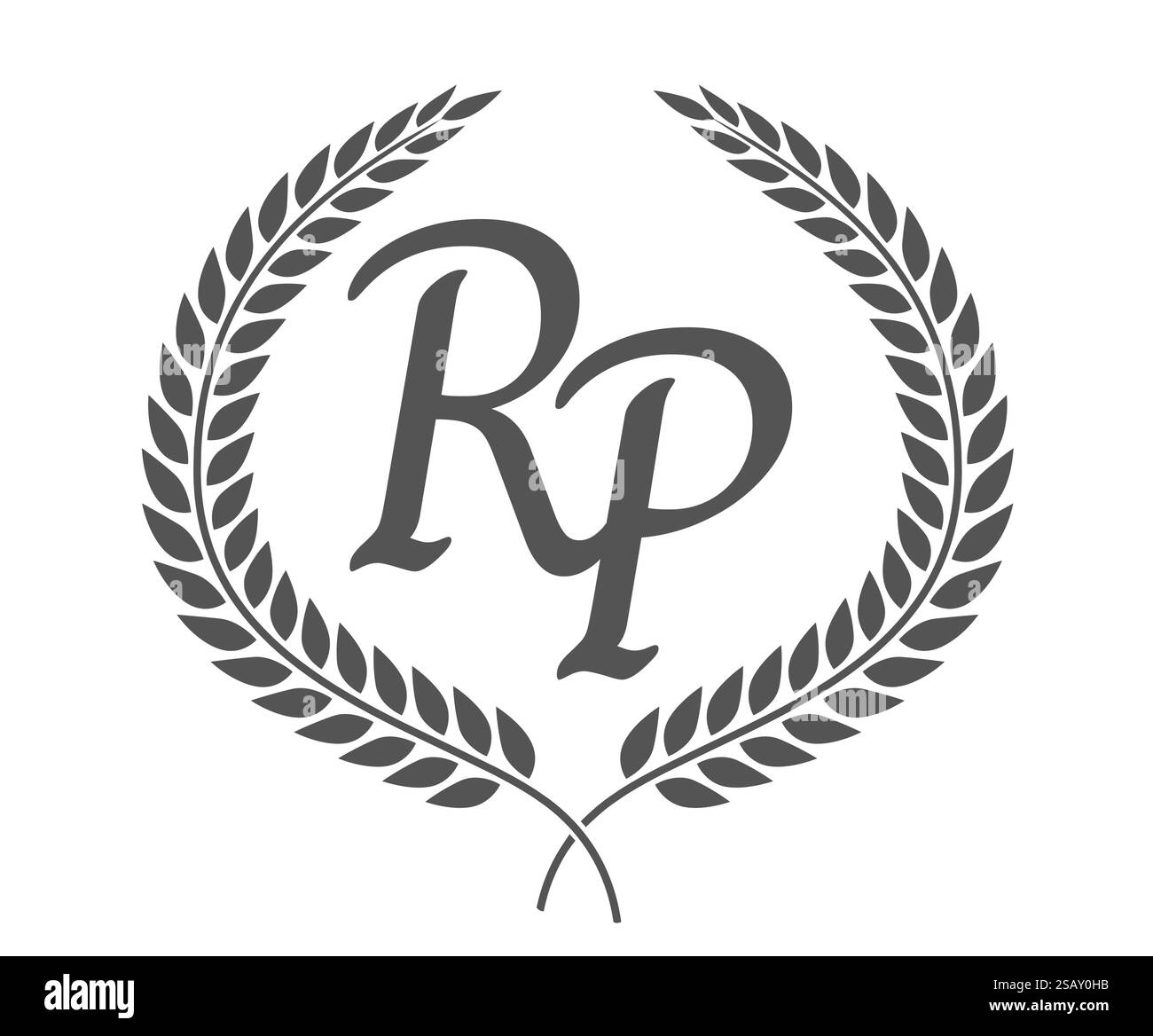 Lettera iniziale R e P, logo RP monogramma con corona in alloro. Emblema di lusso con carattere calligrafico. Lettera iniziale R e P, logo RP monogramma con corona in alloro. Elegante carattere calligrafico. Illustrazione Vettoriale