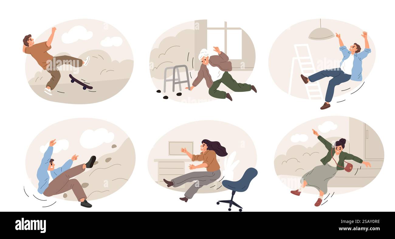 Motivi di caduta dei caratteri. Le persone dei cartoni animati cadono improvvisamente. Uomo che perde l'equilibrio. Donna che inciampa e scivola dalla scala a cavalletto. Azioni pericolose. SL Illustrazione Vettoriale