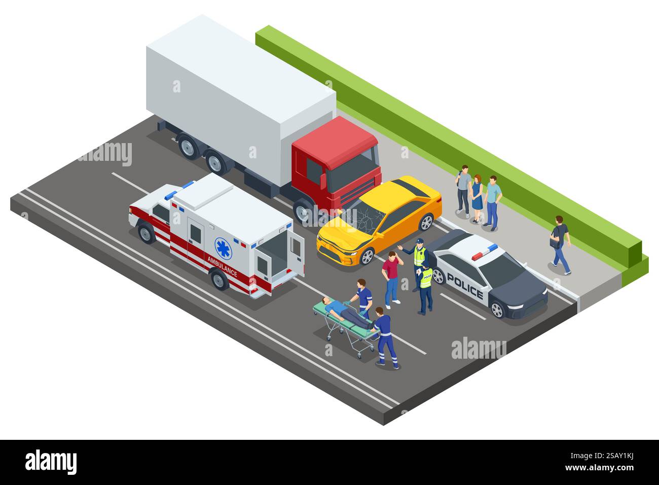 Incidente d'auto. Scena vettoriale isometrica di un incidente stradale che coinvolge un camion, un'auto, la polizia e un'ambulanza. I paramedici assistono una persona ferita durante la polizia Illustrazione Vettoriale