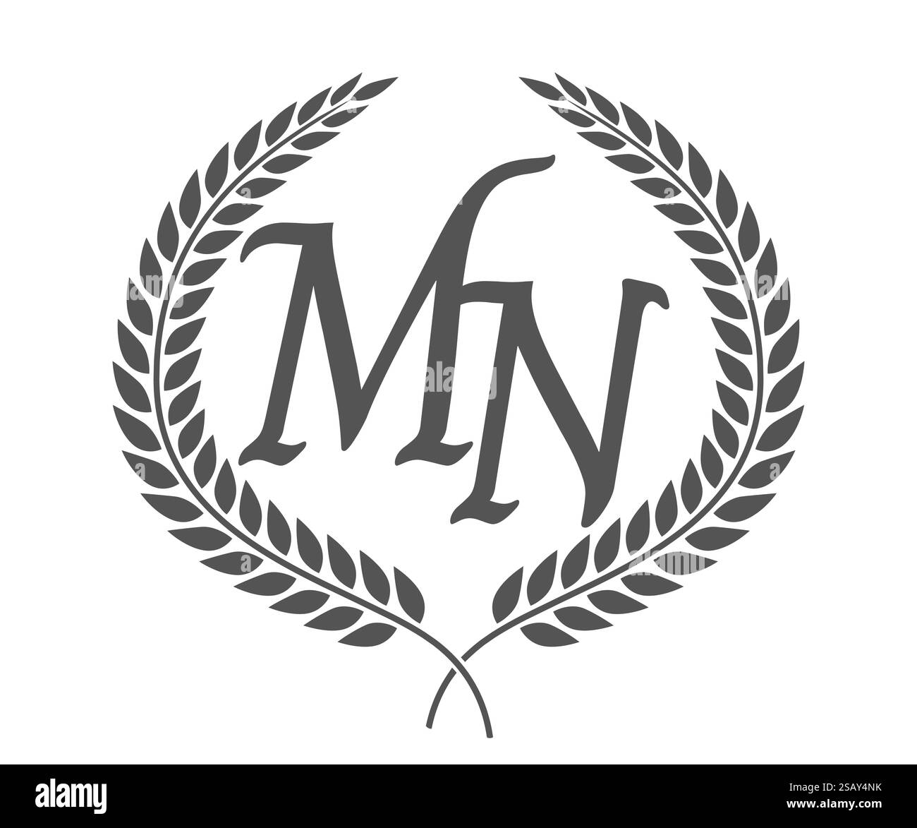 Lettera iniziale M e N, logo monogramma MN con corona in alloro. Emblema di lusso con carattere calligrafico. Lettera iniziale M e N, logo monogramma MN con corona in alloro. Elegante carattere calligrafico. Illustrazione Vettoriale