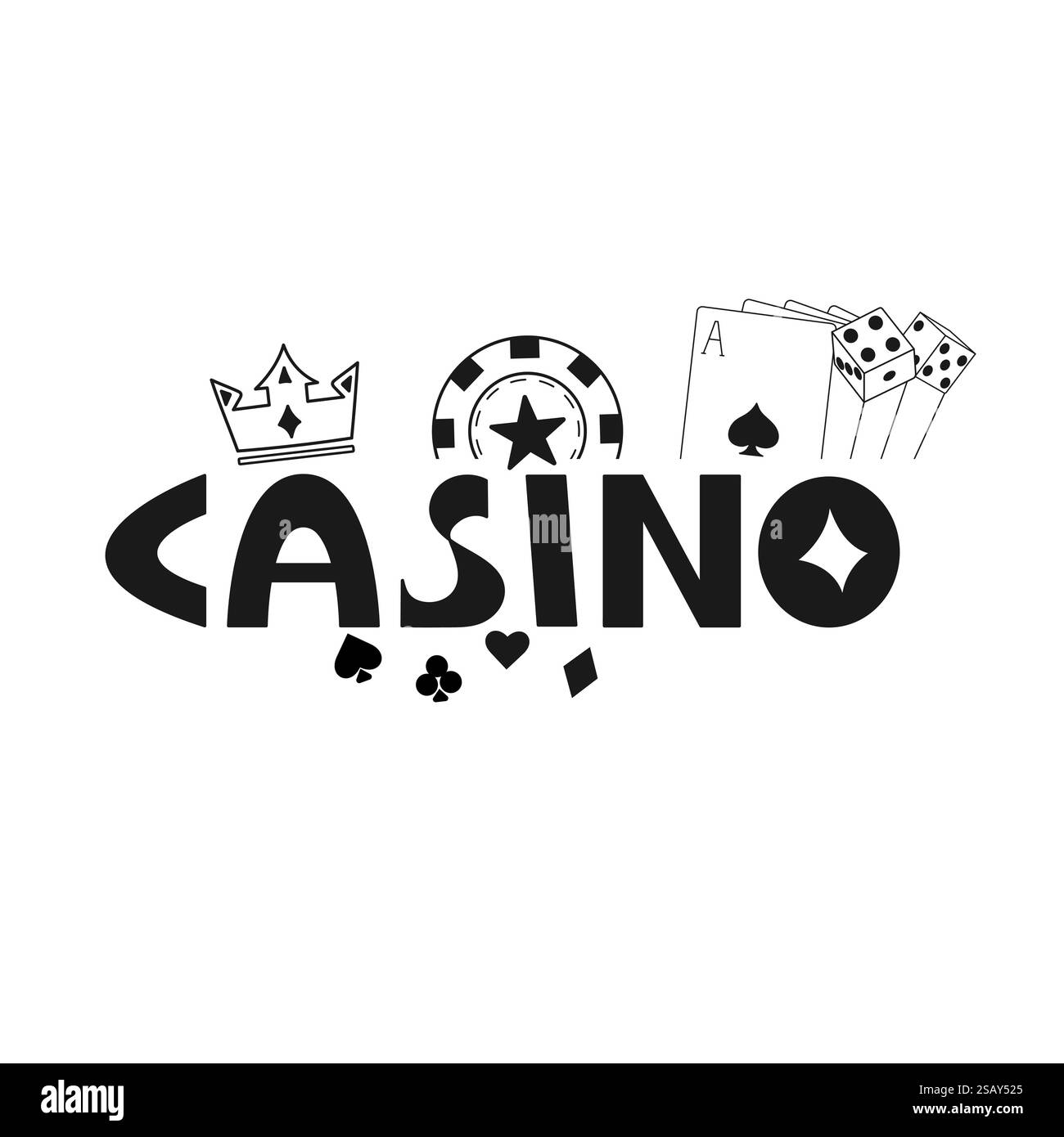 Parola del casinò con elementi di gioco d'azzardo. Illustrazione vettoriale. Corona, patatine da poker, carte da gioco, dadi. Le industrie del gaming e dell'intrattenimento si fanno strada Illustrazione Vettoriale