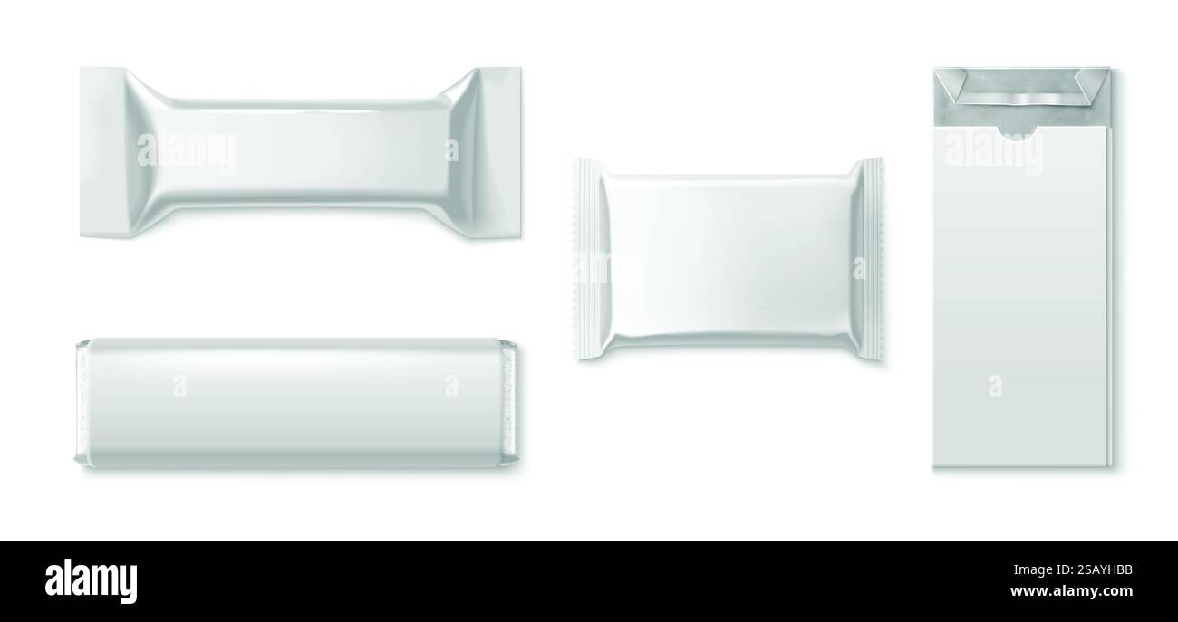 Mockup con barretta di cioccolato 3D isolati su bianco. Illustrazione vettoriale realistica di snack proteici vuoti, biscotti, wafer dolce avvolto in foglio di alluminio e carta di plastica, design della confezione di prodotti alimentari per pasticceria Illustrazione Vettoriale