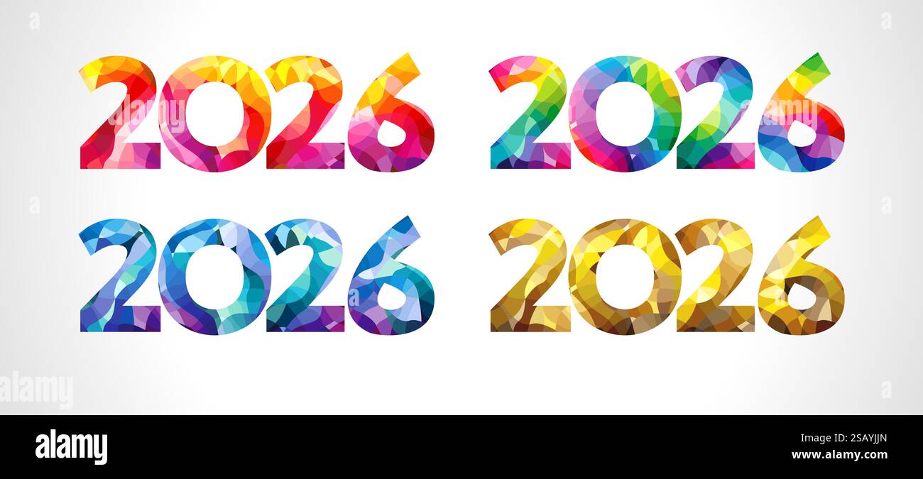 Set di loghi colorati 2026 per i complimenti per il nuovo anno. Modello in vetro colorato 3D. Icone Web. Colori rosso, verde, blu e dorato. Numeri 2 0 e 6 Illustrazione Vettoriale