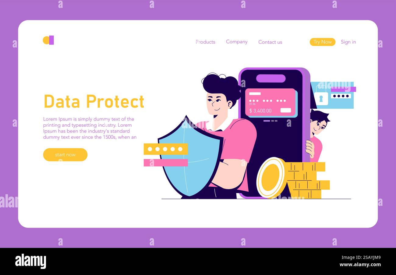 Concetto di protezione dei dati. Caratteri che proteggono i dati digitali con uno scudo, simbolo della sicurezza informatica. Illustrazione vettoriale. Illustrazione Vettoriale