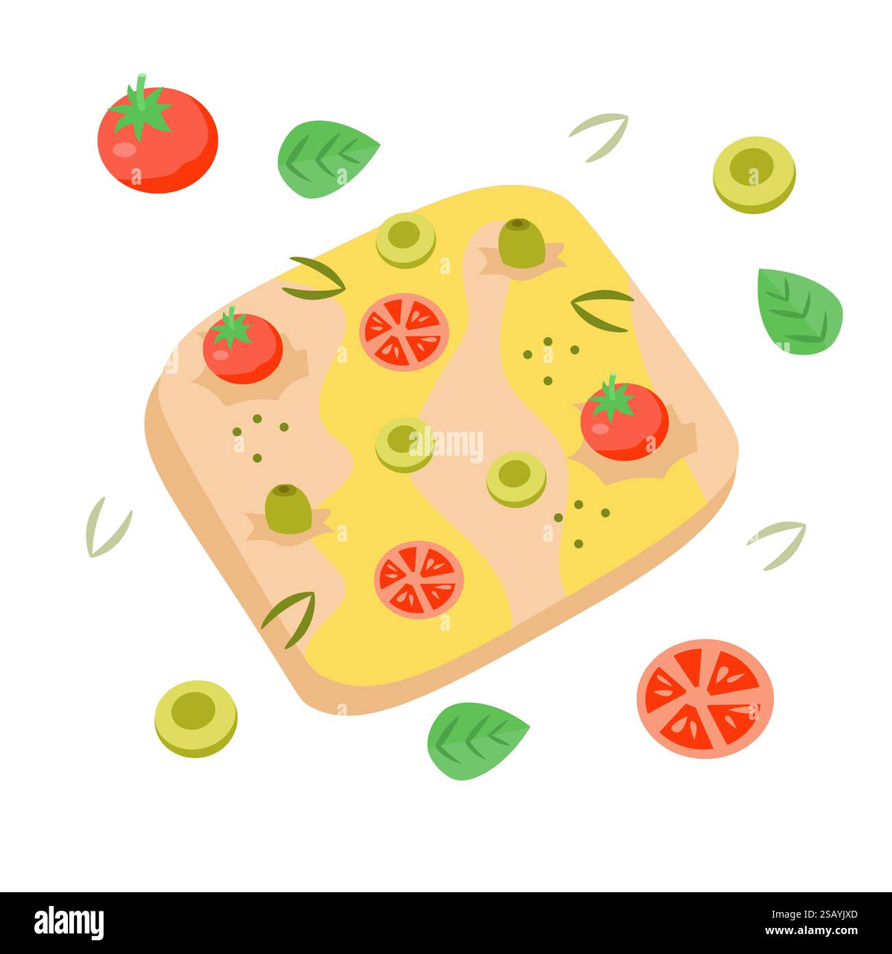 Cucina italiana mediterranea tradizionale della Liguria. Focaccia locale con pomodoro e olive. Italia e turismo. Illustrazione vettoriale isolata su bianco Illustrazione Vettoriale
