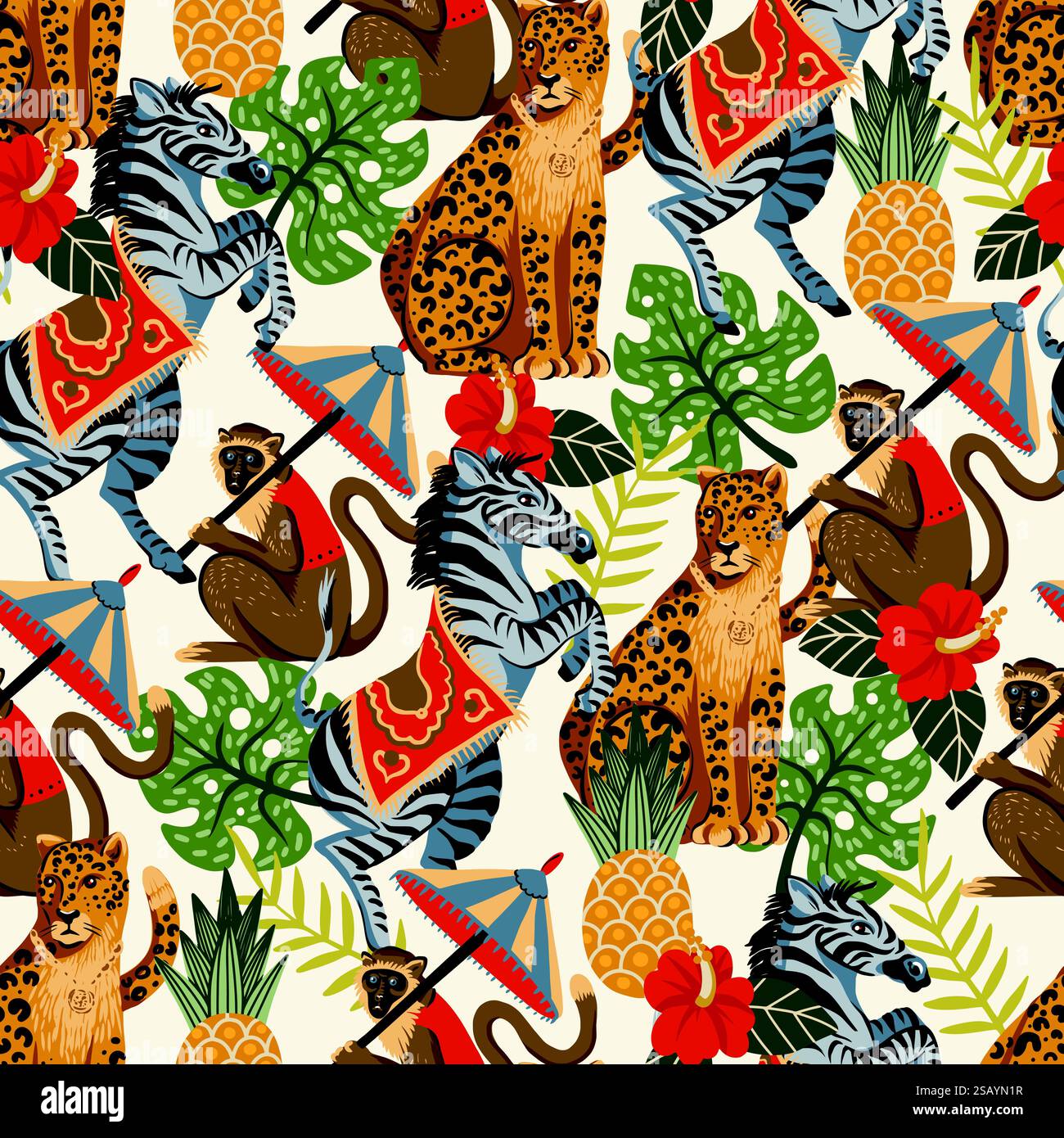 Motivo senza cuciture con zebre, leopardi, scimmie e alberi della giungla. Vettore. Illustrazione Vettoriale