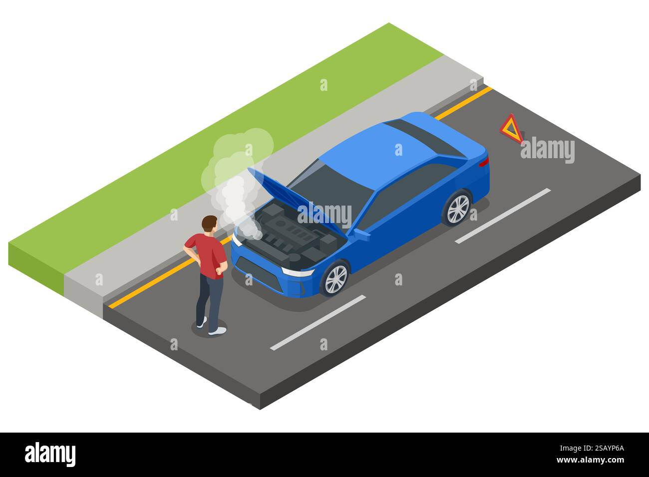 Incidente isometrico, guasto auto. Un'auto blu con cofano aperto, che emette vapore, bloccata sul ciglio della strada. Un triangolo segnaletico è posizionato dietro, mentre Illustrazione Vettoriale