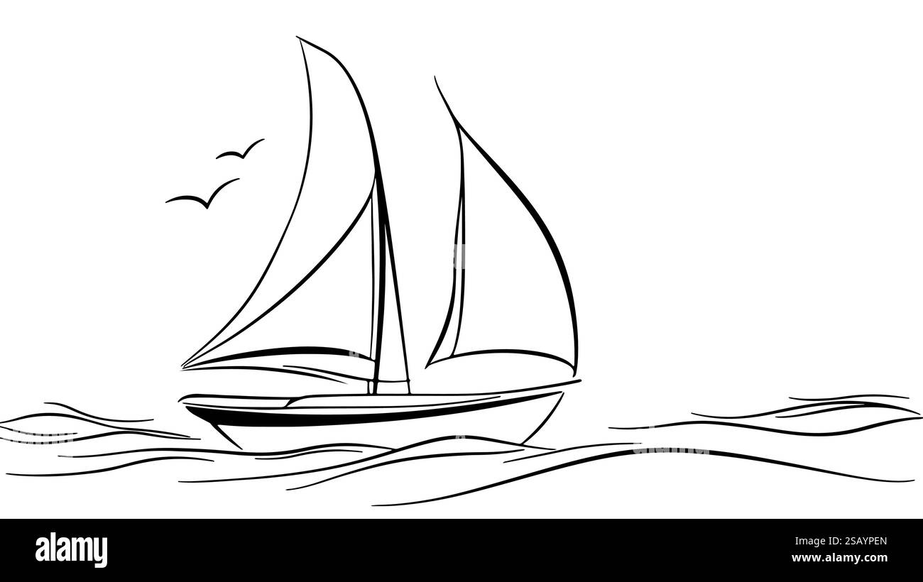 Barca a vela onde oceaniche. Gli uccelli volano sopra. Poster da viaggio, design nautico. Illustrazione vettoriale line art minimalista. Illustrazione Vettoriale