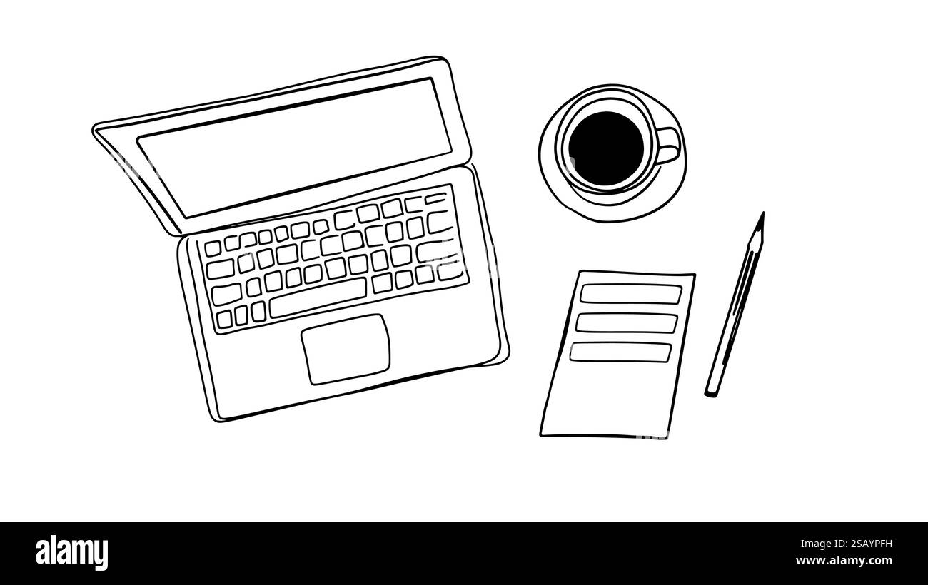 Matita per appunti per il caffè del computer portatile. Vista dall'alto della tastiera per tazze da caffè. Progettazione del sito Web del blog sulla produttività lavorativa. Semplice disegno lineare in bianco e nero Illustrazione Vettoriale