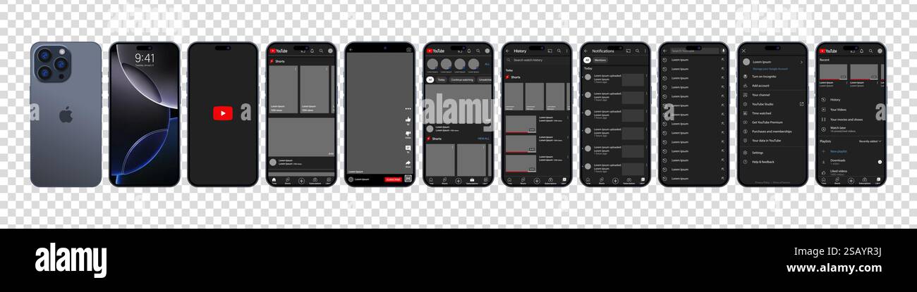 Design YouTube in iPhone 16 Pro. Imposta il modello di interfaccia dei social media e dei social network della schermata YouTube. Homepage, consigli, abbonamenti. Sì Illustrazione Vettoriale