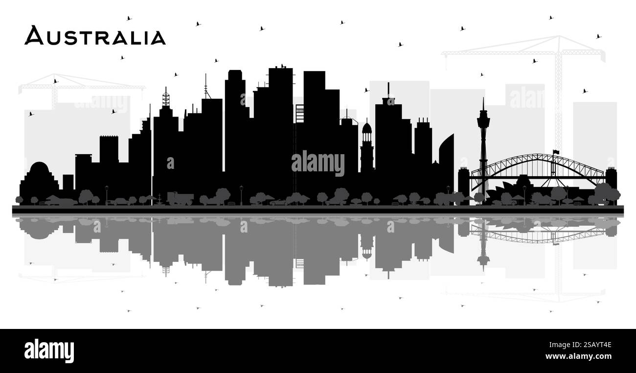 Silhouette dello skyline di Australia City con edifici neri e riflessi isolati sul bianco. Illustrazione vettoriale. Illustrazione Vettoriale