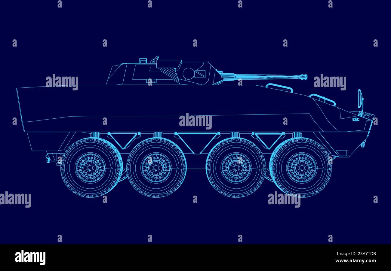 Immagine blu di un veicolo militare con una grande pistola in cima. Il veicolo viene mostrato in modo stilizzato, con le ruote e gli pneumatici enfatizzati. La scena è inten Illustrazione Vettoriale