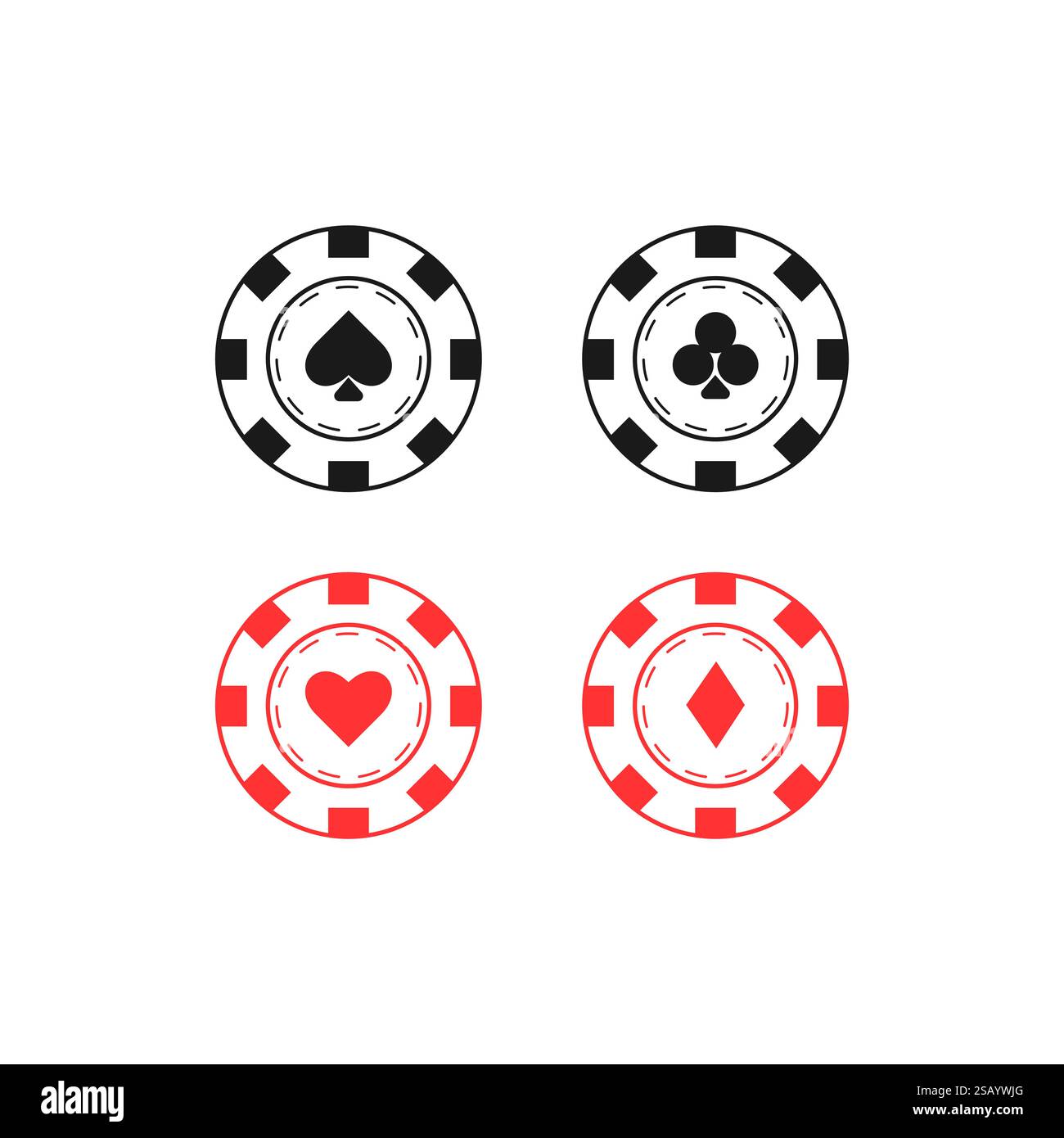 Chip da poker con simboli di carte. Picche, club, cuori, diamanti. Casinò, gioco d'azzardo, poker, gioco d'azzardo. Illustrazione vettoriale. Illustrazione Vettoriale