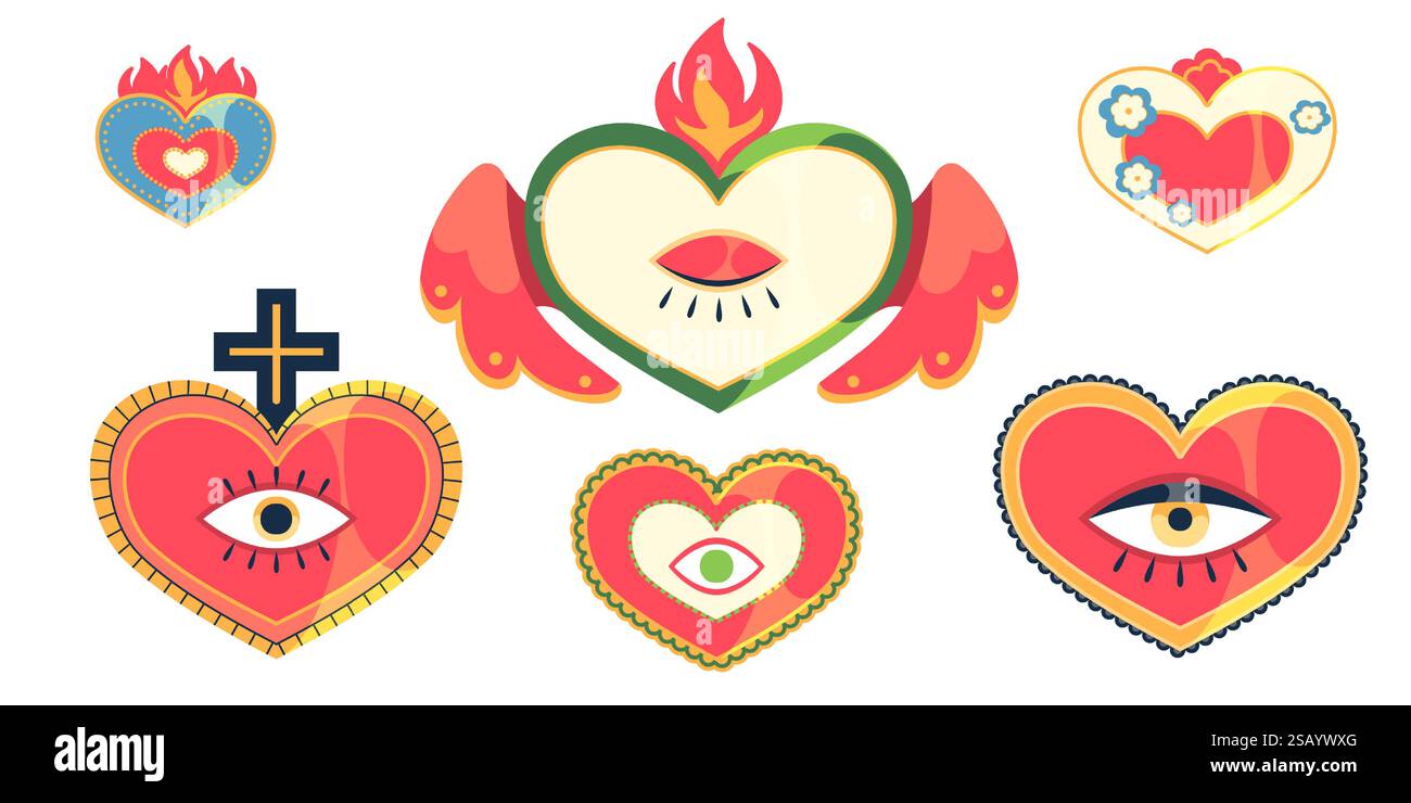 Cuori messicani isolati su sfondo bianco. Illustrazione vettoriale del sacro simbolo dell'amore di Gesù, segni rossi decorati con occhi, ali, croce, corona di fuoco, collezione di adesivi religiosi Illustrazione Vettoriale